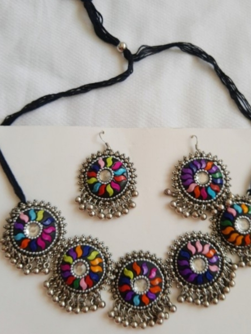 Multicolor Enamel Tribal Pendant Necklace and Earring Set - Women Jewelry